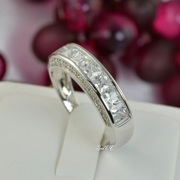 New His Hers Princess Cut Lab Diamond Wedding Engagement Ring Set - Picture 8 of 11